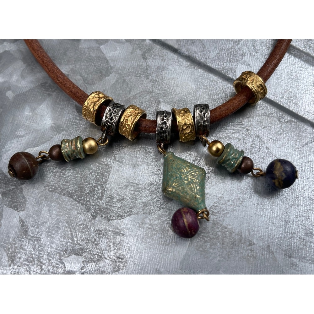 Boho Mixed Metal Patina Bead Brown Leather Cord Adjustable Necklace Teal Purple